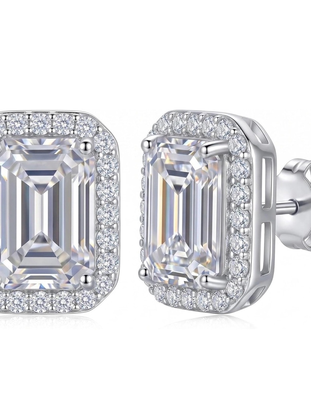 925 Sterling Silver Emerald-Cut Halo Stud Earrings